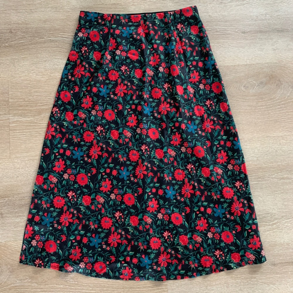 Floral Midi Skirt Black Red Poppy Teal‎ Botanical A-Line Boho Cottagecore size S